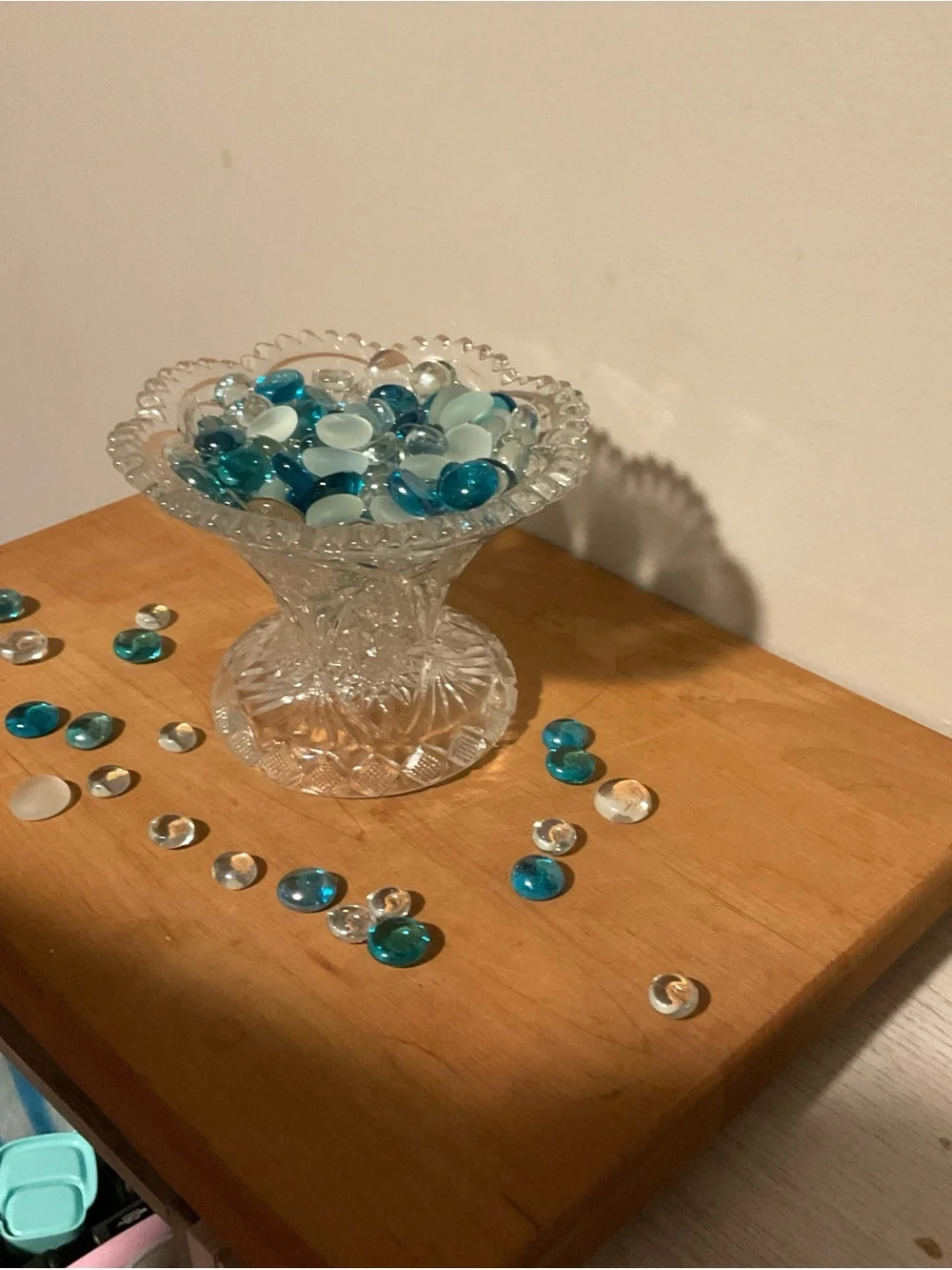 Cut Glass Compote Filled with Blue & Aqua Glass Gems